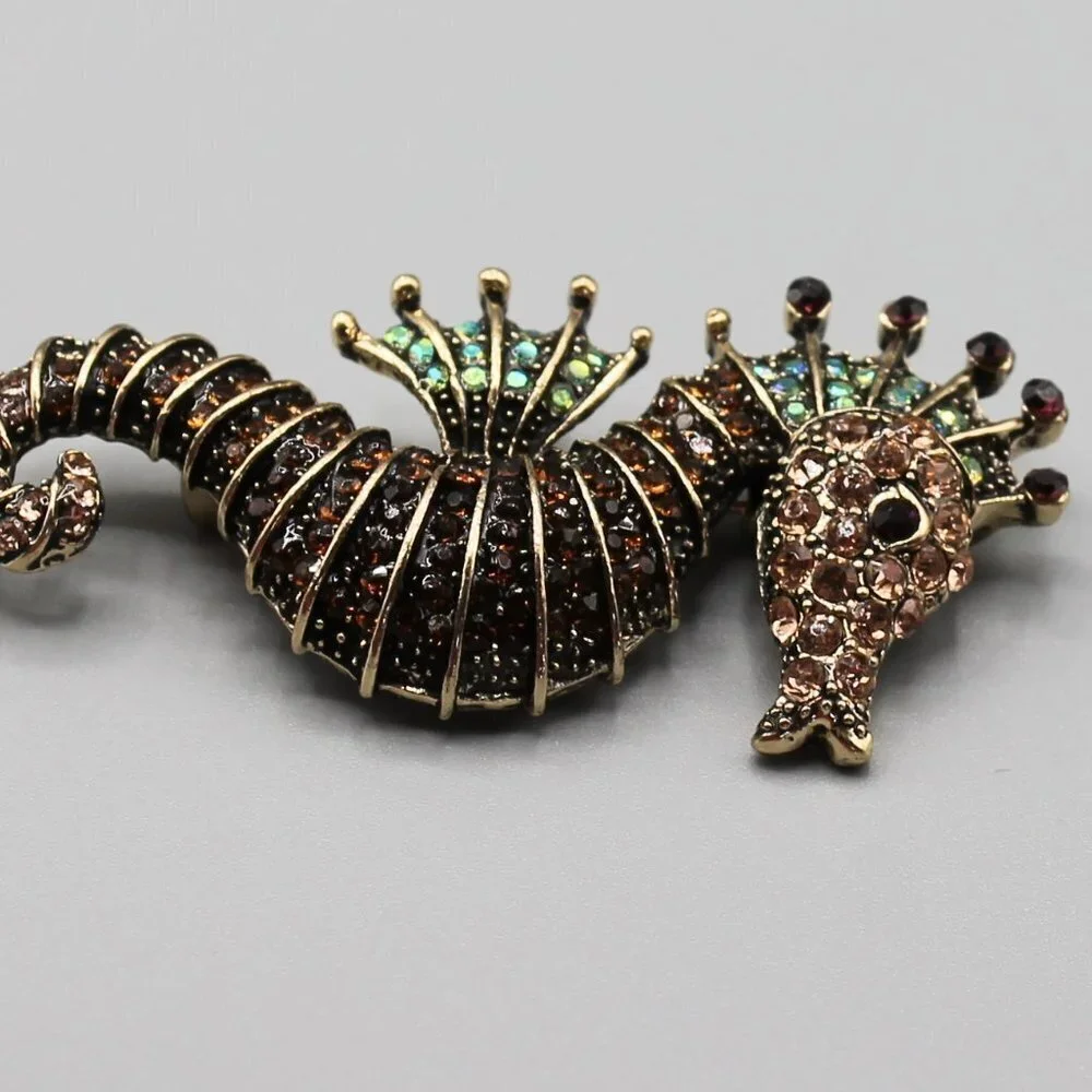 Jewelry pin brooch seahorse water animal crystals gold tone brown green new